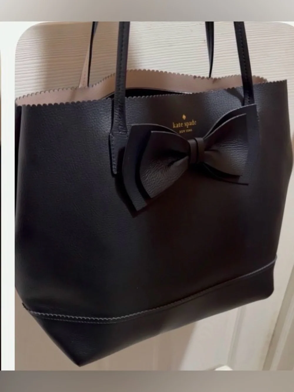 Kate Spade New York Black Leather Bow Georgia Vanderbilt Medium Tote Bag NWOT